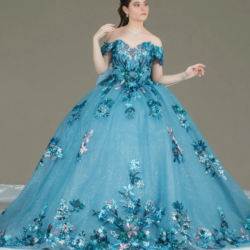 Blue Shiny Shiny Quinceanera Dresses Off Shoulder Ball Gown Sweet 16 Dress Applique Flower Beading Crystal Bow Tull Birthday
Blue Shiny Shiny Quinceanera Dresses Off Shoulder Ball Gown Sweet 16 Dress Applique Flower Beading Crystal Bow Tull Birthday