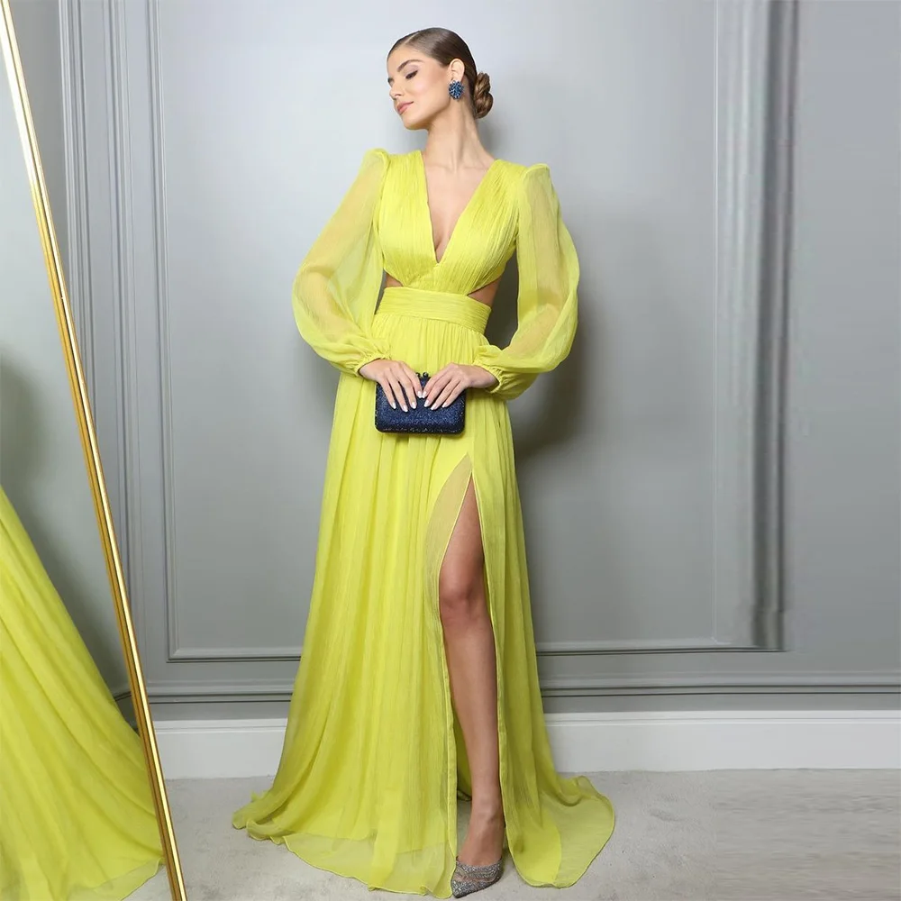 Sevintage Yellow Saudi Arabic Chiffon Prom Dresses V-Neck Long Sleeves Pleat Ruched A-Line Evening Gowns vestidos de festa
Sevintage Yellow Saudi Arabic Chiffon Prom Dresses V-Neck Long Sleeves Pleat Ruched A-Line Evening Gowns vestidos de festa