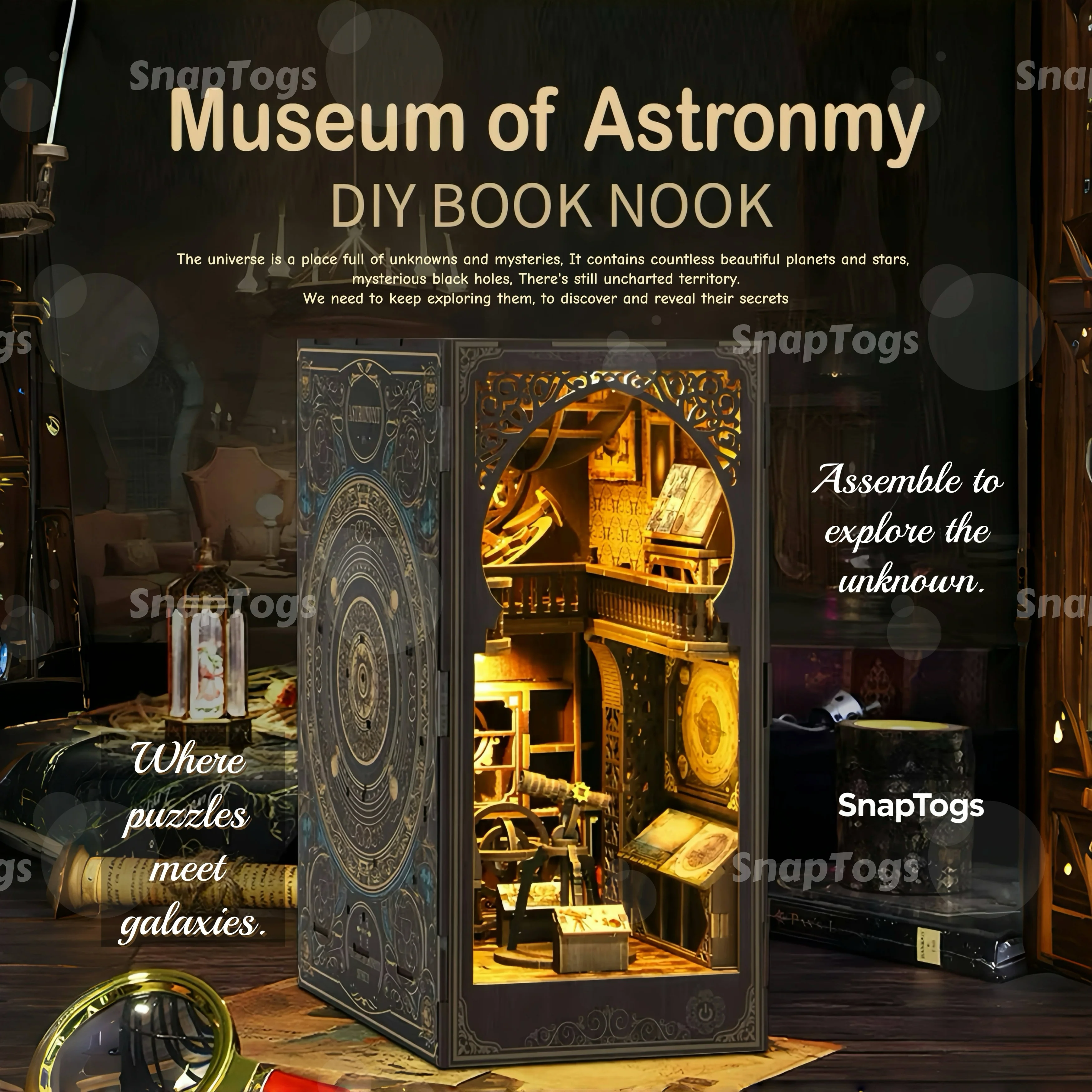 SnapTogs 3D Wooden Puzzle: Museum of Astronomy Book Nook - DIY Miniature House Kit, Doll House Roombox Gift for Adults & Kids
SnapTogs 3D Wooden Puzzle: Museum of Astronomy Book Nook - DIY Miniature House Kit, Doll House Roombox Gift for Adults & Kids