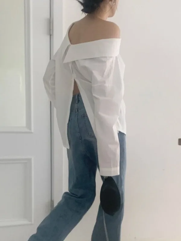 Spring Summer Unique Design One oulder Long Sve irt Stand Collar Double Sided Wear Casual Sle Pure Color Women's Top 
Spring Summer Unique Design One oulder Long Sve irt Stand Collar Double Sided Wear Casual Sle Pure Color Women's Top