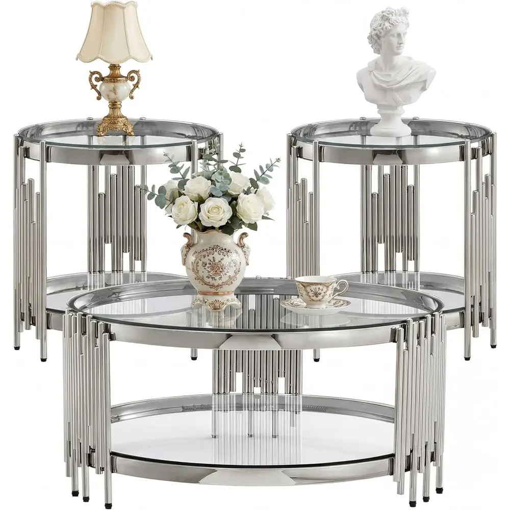 Modern 3-Piece Glass Coffee and End Table Set, Silver Stainless Steel Bases, Clear Tempered Glass Tops, Ideal for Living Room or
Modern 3-Piece Glass Coffee and End Table Set, Silver Stainless Steel Bases, Clear Tempered Glass Tops, Ideal for Living Room or