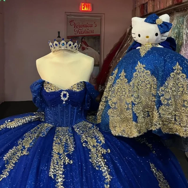 Shiny royal blue Quinceanera Dress off-shoulder Lace crystal glitter decal Long tail Bow vestidos de 15 Quinceanera Customize 
Shiny royal blue Quinceanera Dress off-shoulder Lace crystal glitter decal Long tail Bow vestidos de 15 Quinceanera Customize