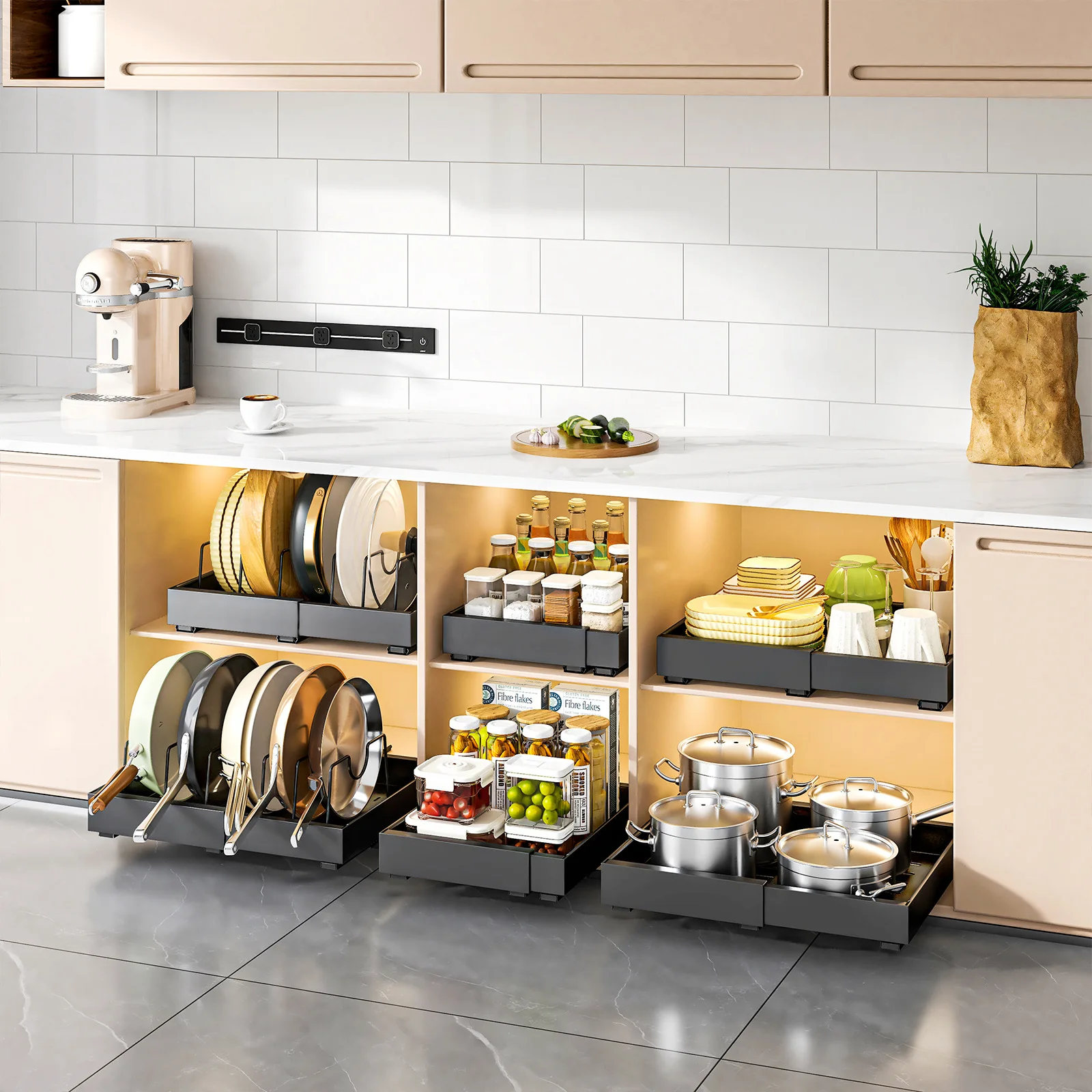 Kitchen retractable rack, seasoning bottle in cabinet, pulling storage rack, sink, pot, sundries, organizing rack, drawer
Kitchen retractable rack, seasoning bottle in cabinet, pulling storage rack, sink, pot, sundries, organizing rack, drawer