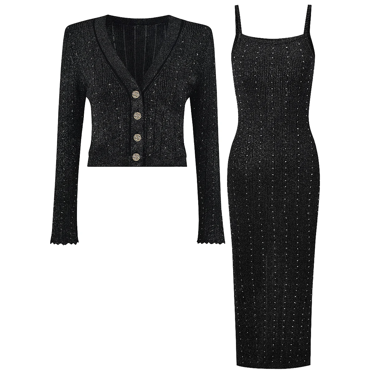 High Quality Autumn New Fashion Knitted Rhinestone V-neck Long Sleeved Cardigan Slim Fit Suspender Dress Women's Set
High Quality Autumn New Fashion Knitted Rhinestone V-neck Long Sleeved Cardigan Slim Fit Suspender Dress Women's Set