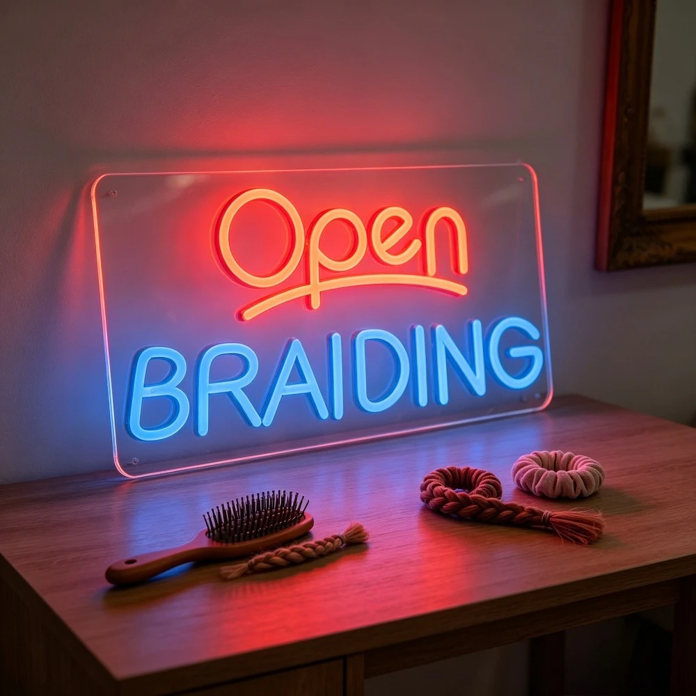 Open Braiding LED Neon Sign Hair Salon Decor Beauty Studio Storefront Sign Barber Shop Wall Art Lighting Aesthetic Ambient
Open Braiding LED Neon Sign Hair Salon Decor Beauty Studio Storefront Sign Barber Shop Wall Art Lighting Aesthetic Ambient