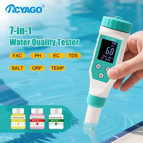 RCYAGO 7 in 1 Digital PH Chlorine ORP EC TDS Salinity Temp FAC Water Quality Tester pH CL Meter for Pool Spa Aquarium Hydroponic