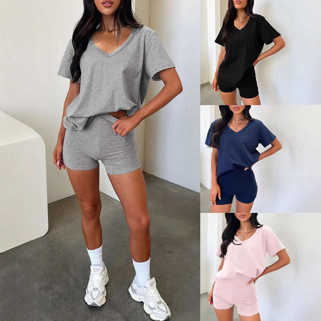 Casual Sports Two-piece Set Loose V-neck Short-sleeved Pullover Top Slim Hip-covered Shorts Suit For Women's New Summer Style
Casual Sports Two-piece Set Loose V-neck Short-sleeved Pullover Top Slim Hip-covered Shorts Suit For Women's New Summer Style