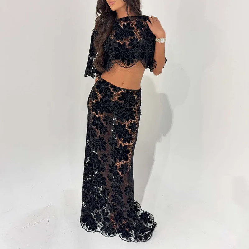 Women's Casual Short Sleeve Hollow 2Pc Suit Elegant Lace Jacquard Solid Party Sets Fashion O-Neck Crop Tops & Long Skirt Outfits
Women's Casual Short Sleeve Hollow 2Pc Suit Elegant Lace Jacquard Solid Party Sets Fashion O-Neck Crop Tops & Long Skirt Outfits