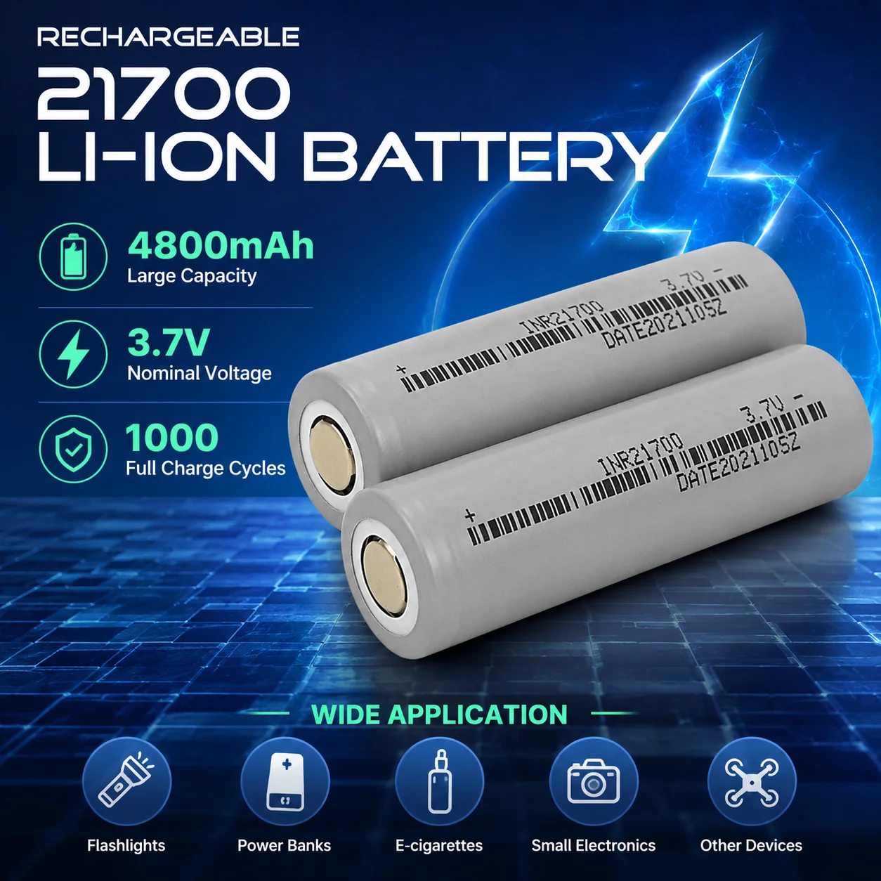 PURFIELD 21700 Lithium Rechargeable Battery 3.7V 4800mAh 5C High Discharge Power Cell Premium Replacement Battery for Flashlight
PURFIELD 21700 Lithium Rechargeable Battery 3.7V 4800mAh 5C High Discharge Power Cell Premium Replacement Battery for Flashlight