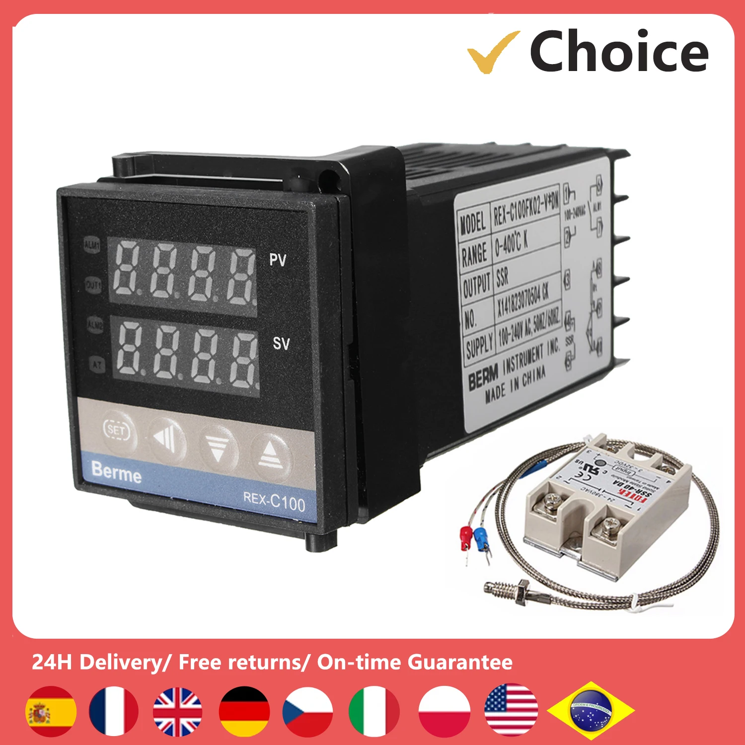 Digital LCD PID REX-C100 Temperature Controller Set + K Thermocouple + Max.40A SSR 
Digital LCD PID REX-C100 Temperature Controller Set + K Thermocouple + Max.40A SSR