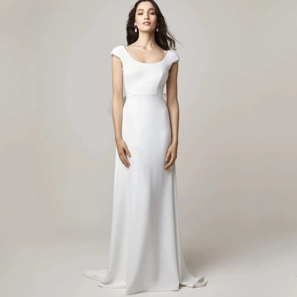 Simple Jersey Wedding Dress Scoop Neck Cap Sleeve A-Line Floor Length Sexy Open Back with Bow Customized Elegant Gowns Robe
Simple Jersey Wedding Dress Scoop Neck Cap Sleeve A-Line Floor Length Sexy Open Back with Bow Customized Elegant Gowns Robe