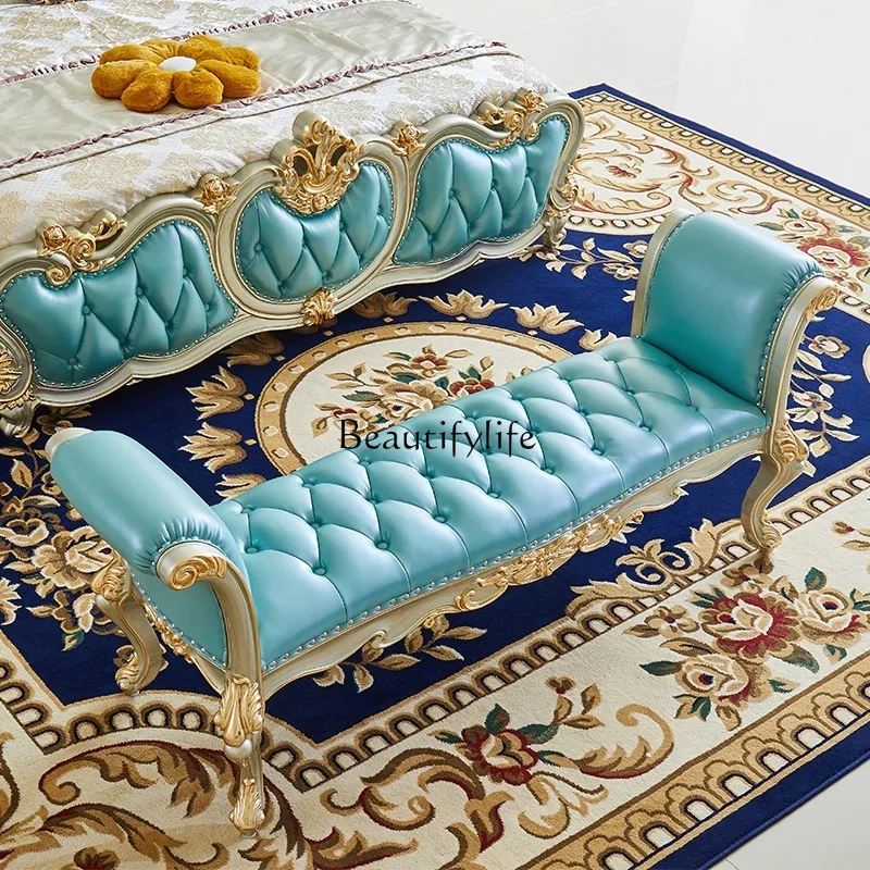 European first-layer cowhide bedside stool solid wood champagne gold engraved luxury chaise longue chair 
European first-layer cowhide bedside stool solid wood champagne gold engraved luxury chaise longue chair