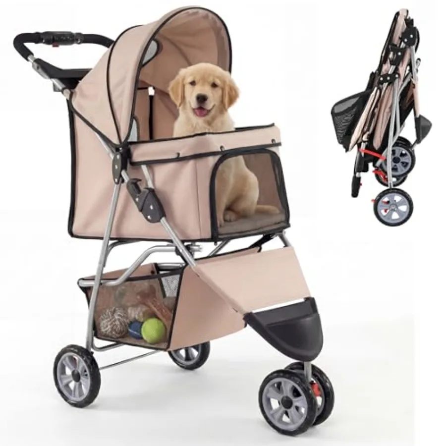 Pet travel stroller for small dogs and cats, beige polyester fabric, lightweight foldable design with lockable wheels, one-hand
Pet travel stroller for small dogs and cats, beige polyester fabric, lightweight foldable design with lockable wheels, one-hand