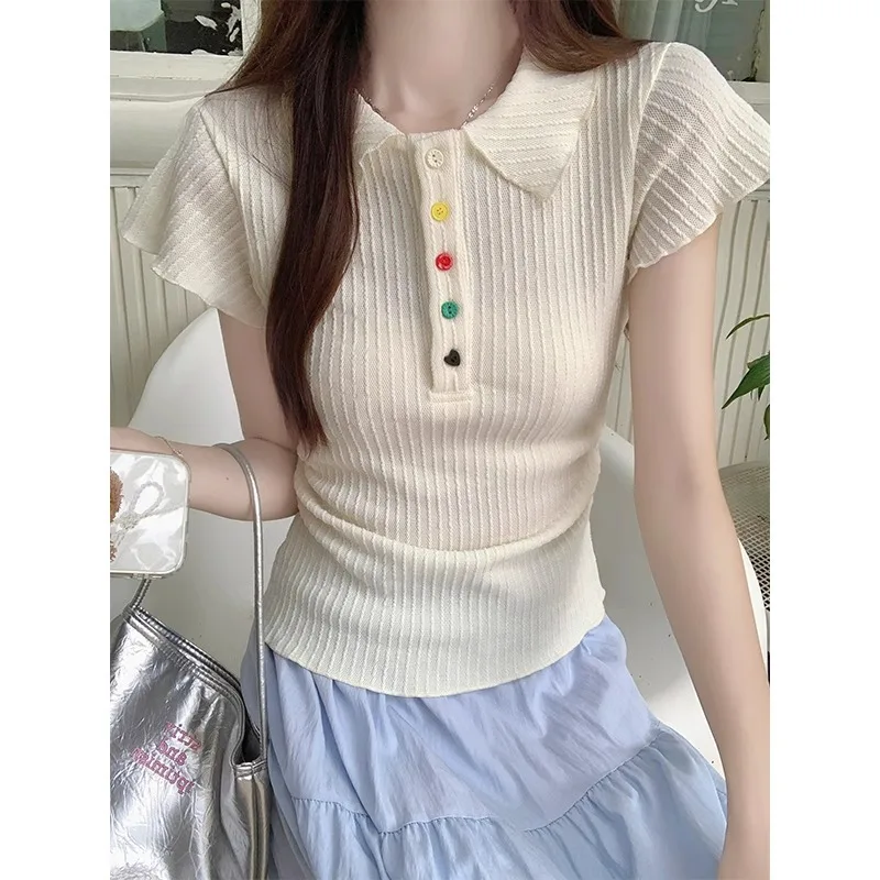 Colorful Button Lapel Short Sleeved T-Shirt For Women's Summer Slim Fit Pleated Waist Cinching Top
Colorful Button Lapel Short Sleeved T-Shirt For Women's Summer Slim Fit Pleated Waist Cinching Top