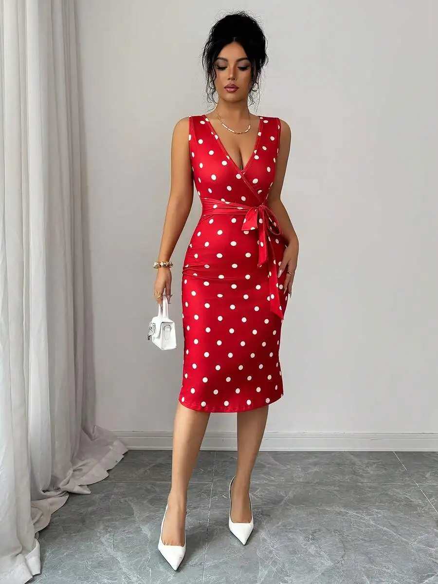 Elegant Red Polka Dot Wrap Tie Waist Midi Dress Sleeveless V Neck Casual Party Vacation
Elegant Red Polka Dot Wrap Tie Waist Midi Dress Sleeveless V Neck Casual Party Vacation