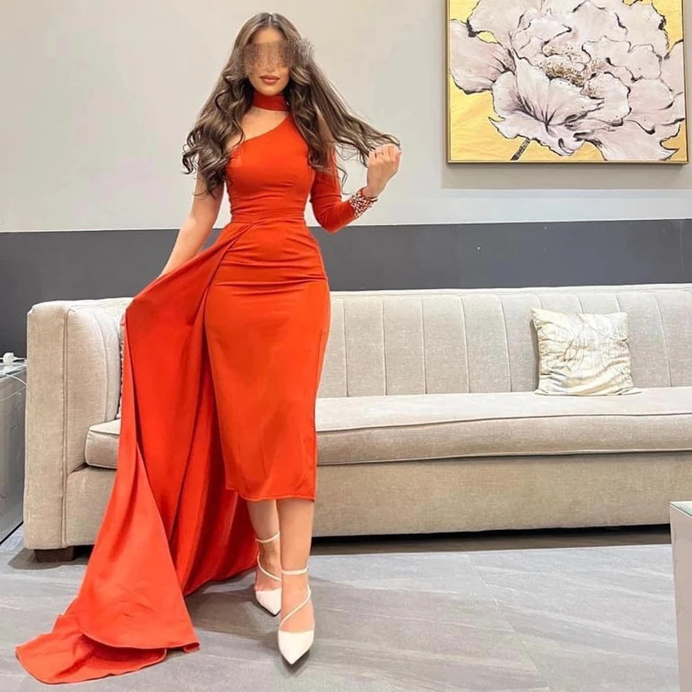 Customized Simple elegant Evening Dresses Halter One Shoulder Beaded Long Sleeve Prom Dress Pleat Tea-length Party Dresses
Customized Simple elegant Evening Dresses Halter One Shoulder Beaded Long Sleeve Prom Dress Pleat Tea-length Party Dresses