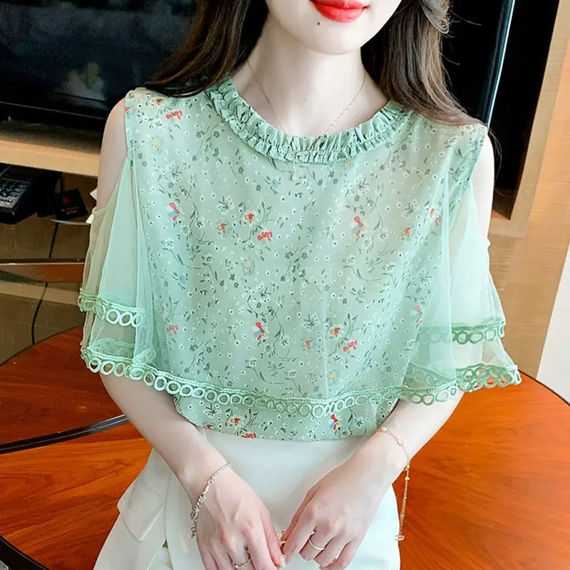 Short Sleeve Floral Chiffon Mesh Off Shoulder Blouse New Summer Stylish Loose Top for Women
Short Sleeve Floral Chiffon Mesh Off Shoulder Blouse New Summer Stylish Loose Top for Women