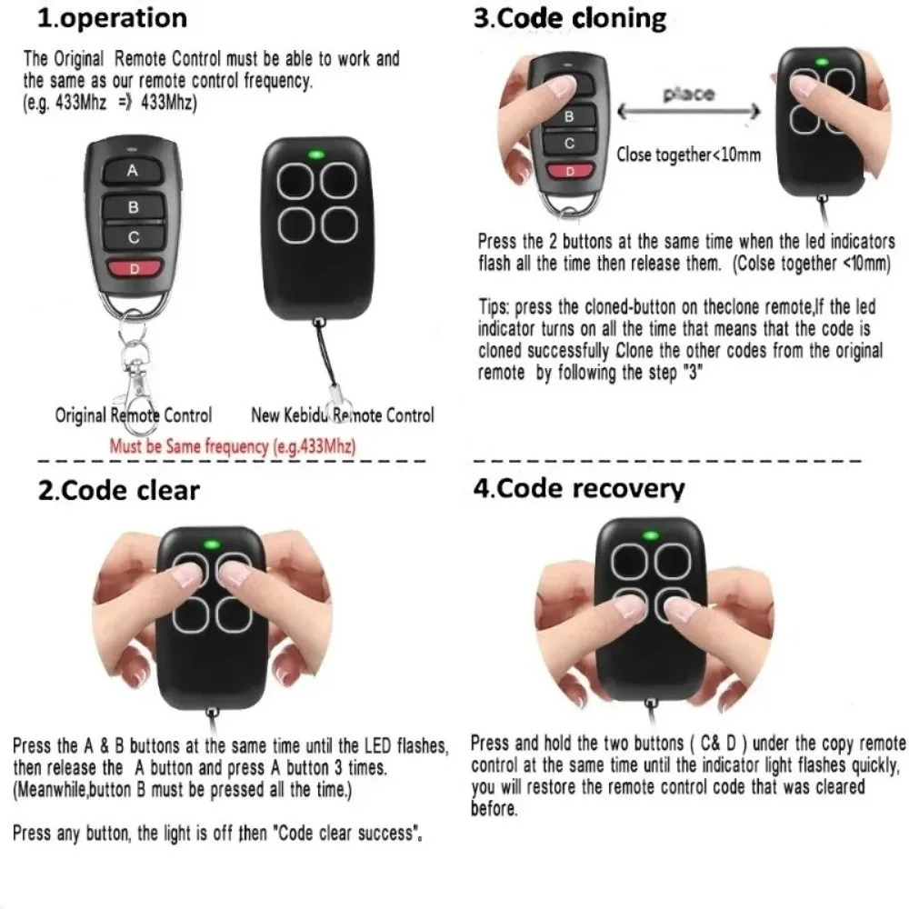 Plastic Copy Remote Control Four Button Wireless Door Opener Replication Self-copying 433Mhz Fixed Code Remote Controller
Plastic Copy Remote Control Four Button Wireless Door Opener Replication Self-copying 433Mhz Fixed Code Remote Controller