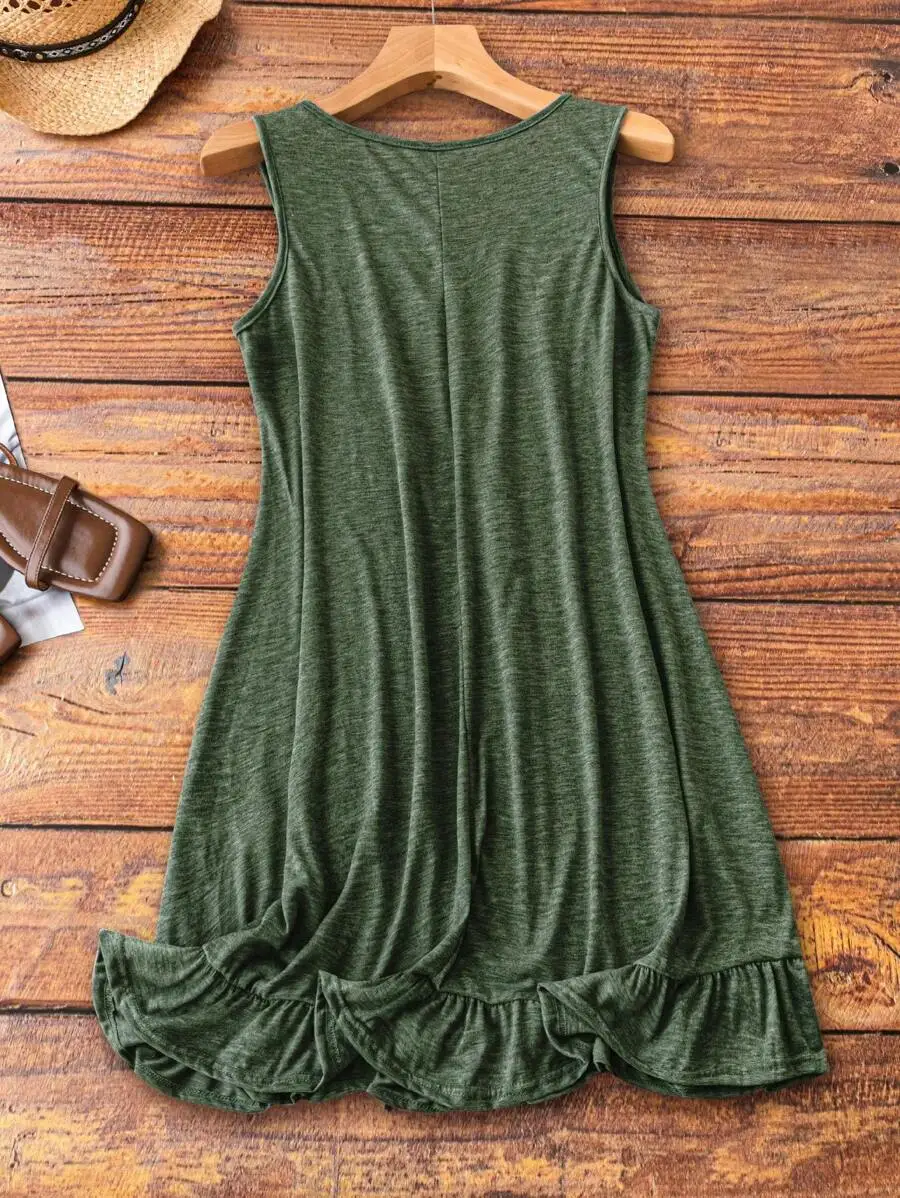 Plus Size Women Solid Color Crew Neck Ruffled Hem Sleeveless Casual Dress Olive Green
Plus Size Women Solid Color Crew Neck Ruffled Hem Sleeveless Casual Dress Olive Green