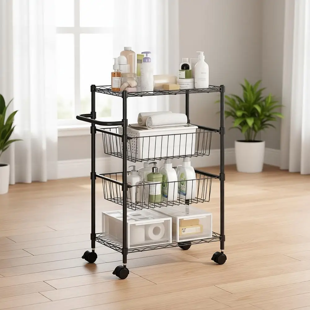 Металлическая тележка-органайзер на 4 уровнях с корзинами и ручкой, передвижная тележка для хранения для кухни, прачечной и кладовой, черная
Металлическая тележка-органайзер на 4 уровнях с корзинами и ручкой, передвижная тележка для хранения для кухни, прачечной и кладовой, черная