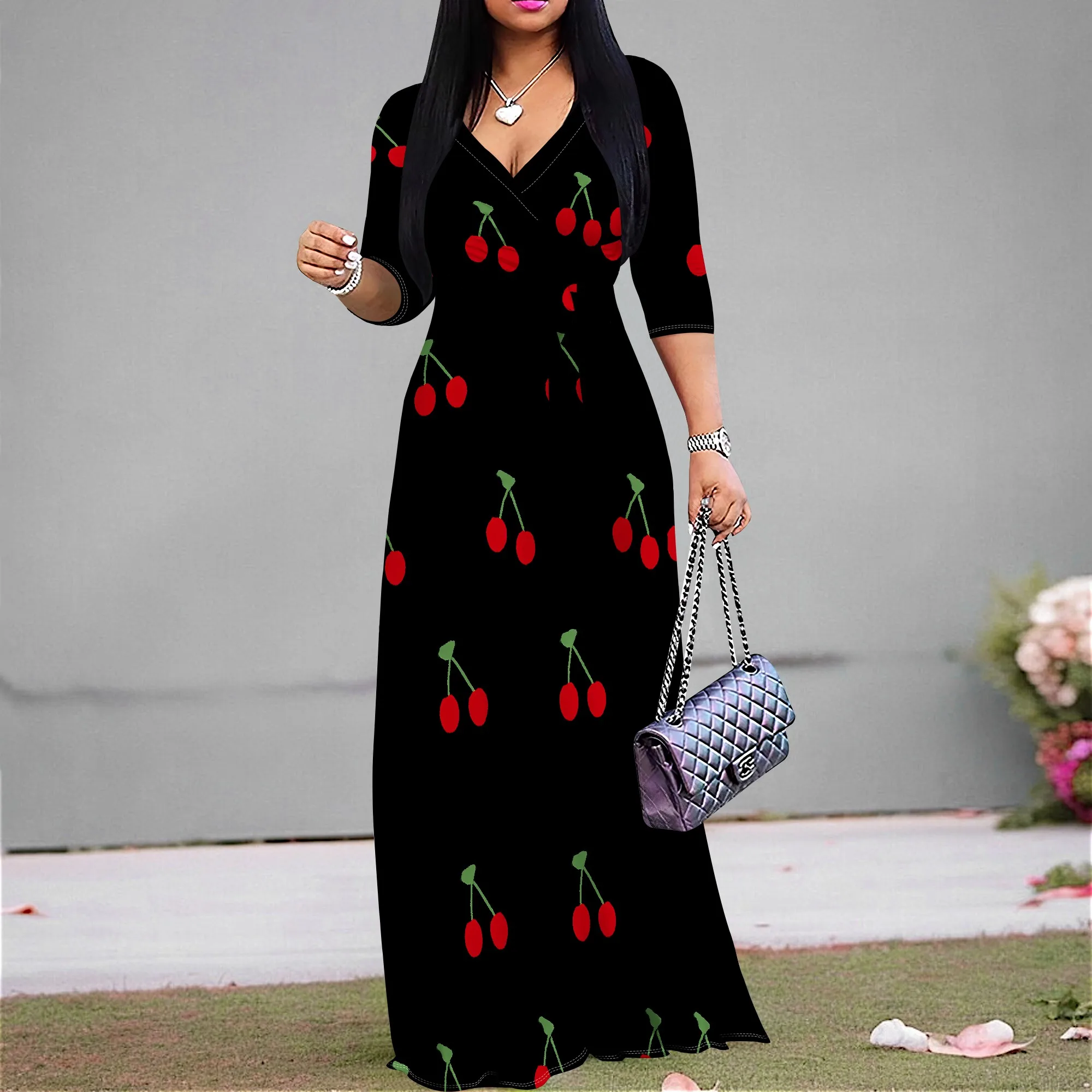 Cherry Print Wrap Maxi Dress for Women S-3XL 3/4 Sleeve Black Summer Date Night or Picnic Look Cute Retro Style
Cherry Print Wrap Maxi Dress for Women S-3XL 3/4 Sleeve Black Summer Date Night or Picnic Look Cute Retro Style
