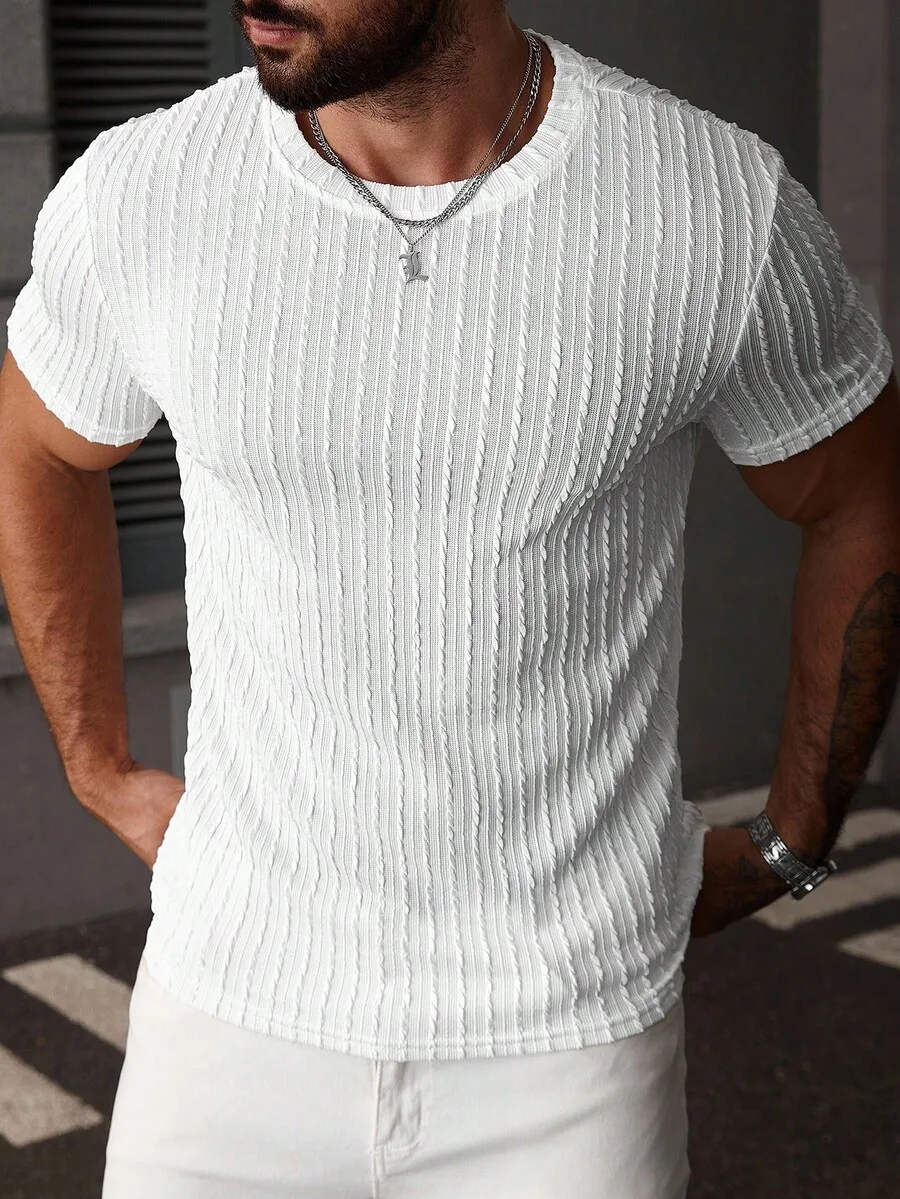 Mens Casual Short Sleeve Knitted T-Shirt With Ribbed Texture, Solid White, Round Neck
Mens Casual Short Sleeve Knitted T-Shirt With Ribbed Texture, Solid White, Round Neck