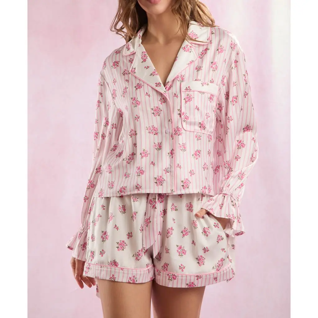 HEZIOWYUN Womens 2Piece Floral Striped Print Pajamas Loungewear Set Lace-up Flare Long Sleeve Button-up Tops with Pocket +Shorts
HEZIOWYUN Womens 2Piece Floral Striped Print Pajamas Loungewear Set Lace-up Flare Long Sleeve Button-up Tops with Pocket +Shorts
