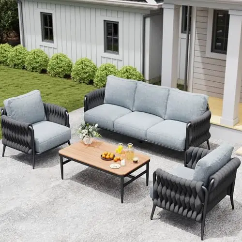 Five-Piece Outdoor Conversation Set With 3-Seater Sofa, Two Armchairs, And Wooden Coffee Table — Weatherproof, Thick Cushions
Five-Piece Outdoor Conversation Set With 3-Seater Sofa, Two Armchairs, And Wooden Coffee Table — Weatherproof, Thick Cushions