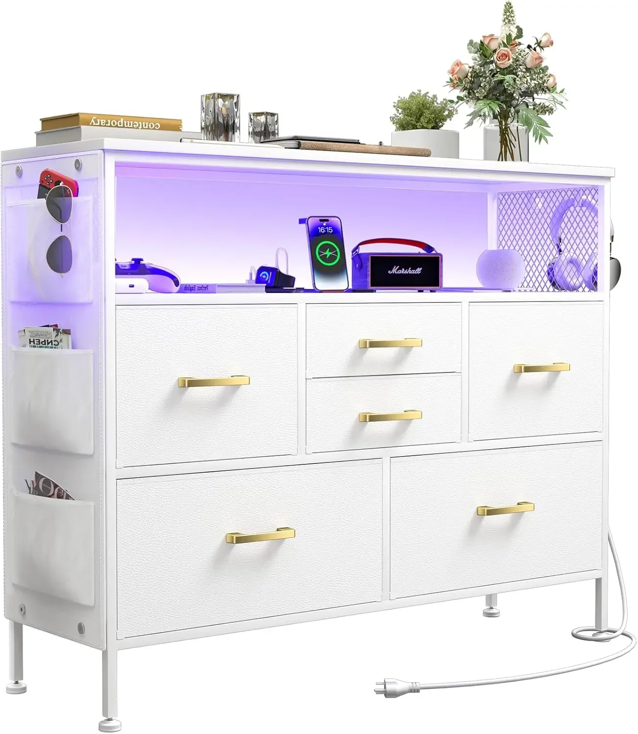 White Dresser Tv Stand Bedroom Furniture Six Drawers Power Outlets Led Light Shelves Side Pockets Hooks
White Dresser Tv Stand Bedroom Furniture Six Drawers Power Outlets Led Light Shelves Side Pockets Hooks