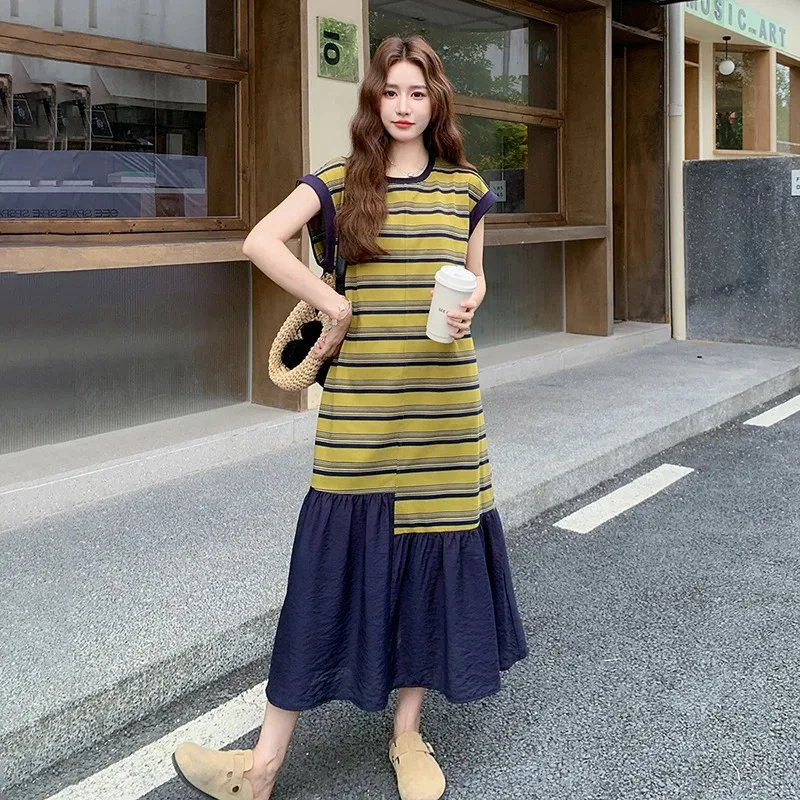 Women's Striped Knit Maxi Dress Casual Loose Patchwork Hem Summer T-shirt Dress
Women's Striped Knit Maxi Dress Casual Loose Patchwork Hem Summer T-shirt Dress
