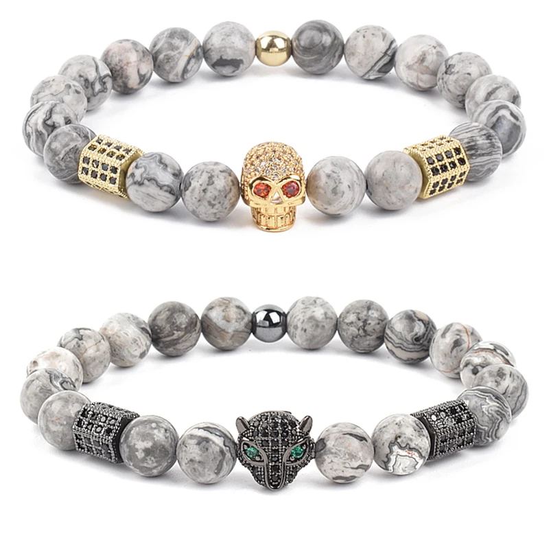 Fashion Cubic Zirconia Skull Leopard Gray Maps Stone Beads Charm Bracelet For Men Zircon Accessories Jewelry Gift Pulsera Hombre
Fashion Cubic Zirconia Skull Leopard Gray Maps Stone Beads Charm Bracelet For Men Zircon Accessories Jewelry Gift Pulsera Hombre