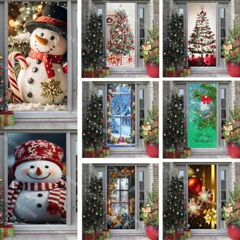 Christmas Cute Snowman Door Stickers Santa Claus and Elk Stickers PVC Wallpaper Tree Snow Poster Xmas bedroom Decor Deurstickers