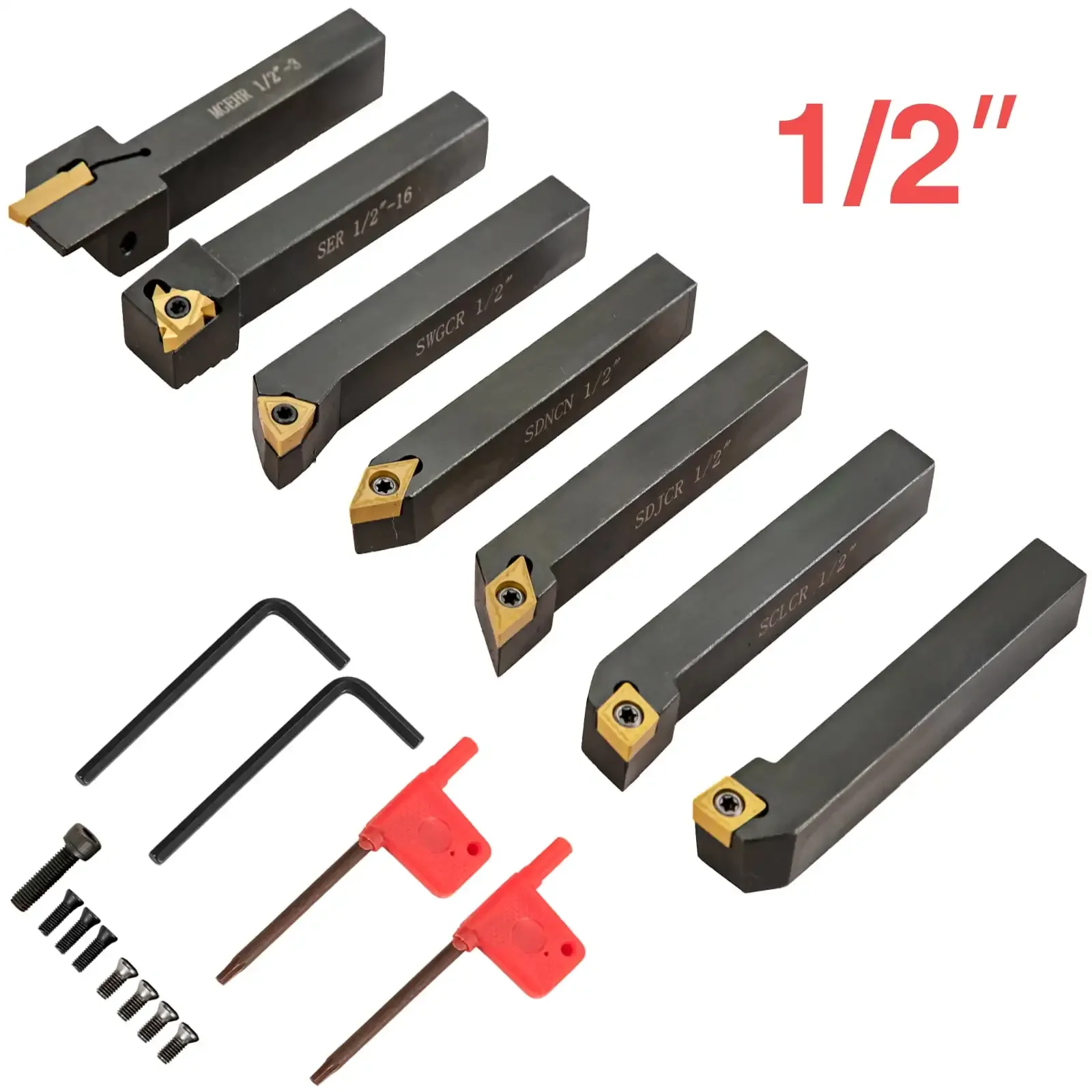 Indexable Carbide Lathe Tools 1/2" Metal Lathe Cutting Tools 7 Pcs/Set Indexable lathe tools Super-Hard
Indexable Carbide Lathe Tools 1/2" Metal Lathe Cutting Tools 7 Pcs/Set Indexable lathe tools Super-Hard