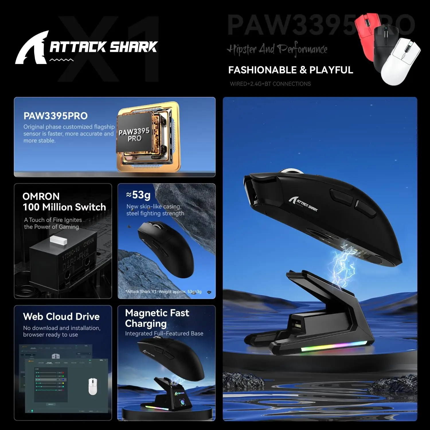 ATTACK SHARK X1 Superlight Wireless Gaming Mouse RGB Magnetic Charging Dock PAW3395PRO Sensor 40000DPI Wireless Gaming Mouse
ATTACK SHARK X1 Superlight Wireless Gaming Mouse RGB Magnetic Charging Dock PAW3395PRO Sensor 40000DPI Wireless Gaming Mouse