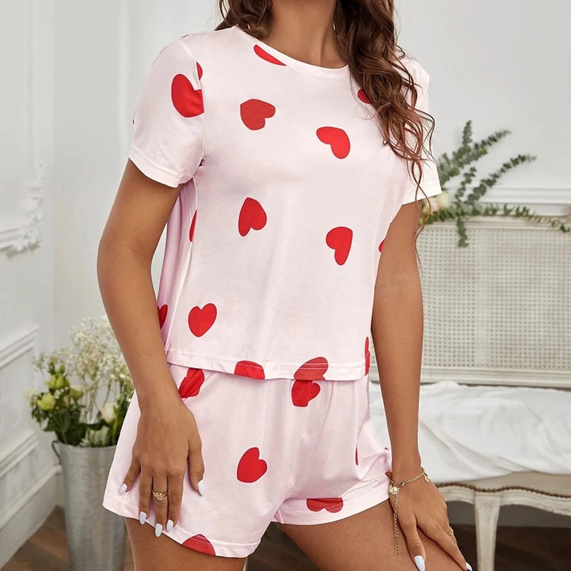 Summer Women's Heart Print Casual Pajamas 2pic Set And Short Sleeve T Shirts Round Neck Top & Elastic Shorts Comfort Relaxed Fit
Summer Women's Heart Print Casual Pajamas 2pic Set And Short Sleeve T Shirts Round Neck Top & Elastic Shorts Comfort Relaxed Fit