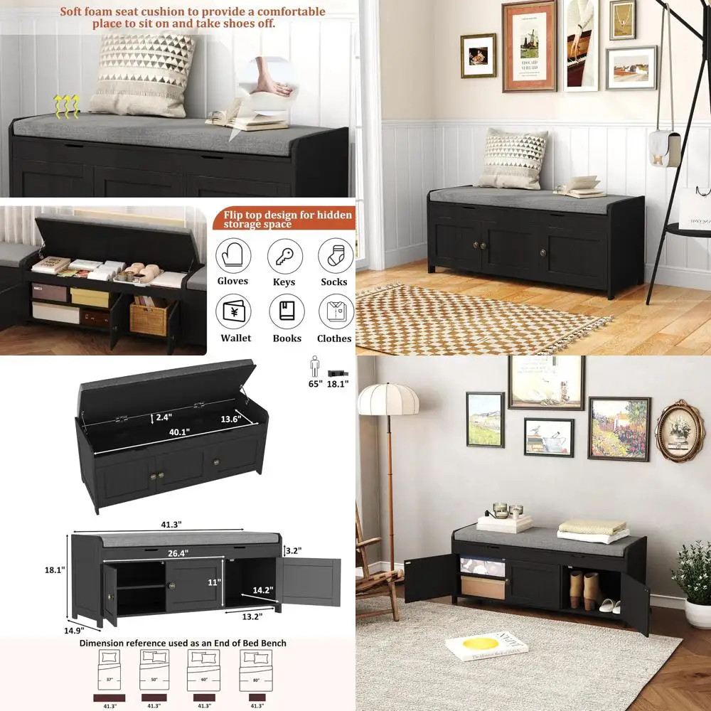 Black Wooden Shoe Bench with Cushion Seat & Lift Top Storage for Entryway or Bedroom
Black Wooden Shoe Bench with Cushion Seat & Lift Top Storage for Entryway or Bedroom