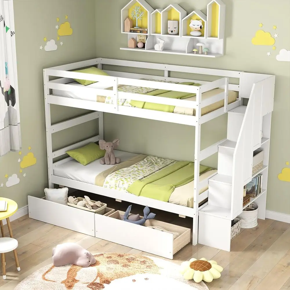 Twin Over Twin Bunk Bed with Storage Drawers & Stairs, Bookcase, Safety Rail, Solid Wood Slats, Suitable for Kids, Teens, Adults
Twin Over Twin Bunk Bed with Storage Drawers & Stairs, Bookcase, Safety Rail, Solid Wood Slats, Suitable for Kids, Teens, Adults