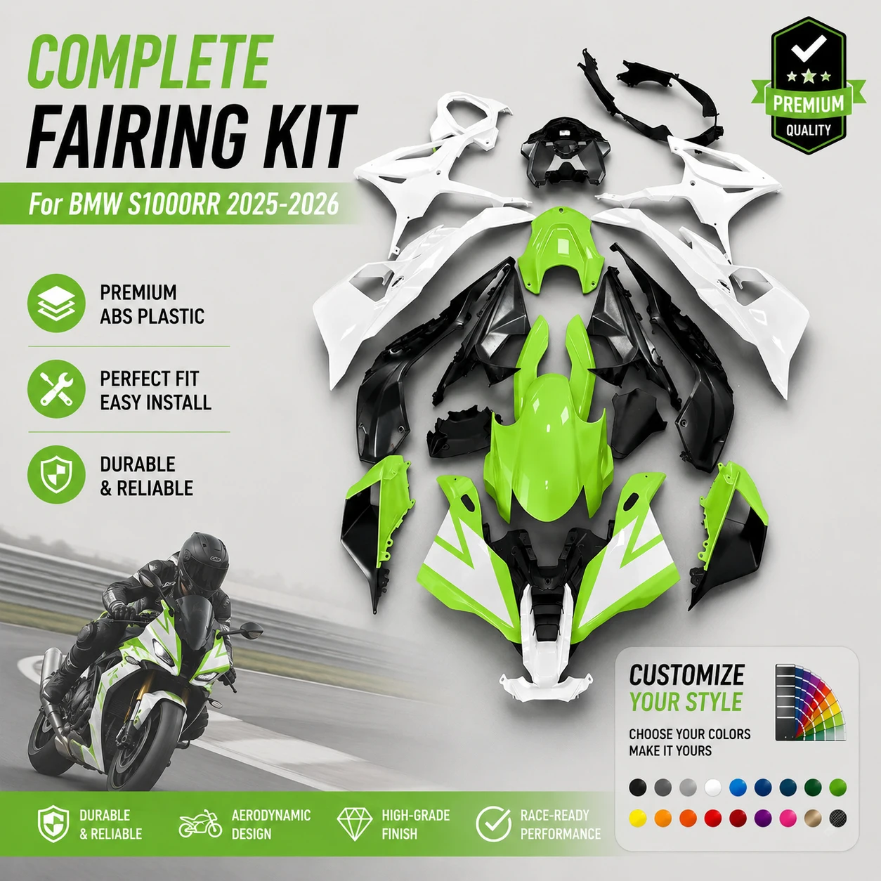Light Green Fairing Set for BMW S1000 RR 25-26 100% Fit ABS Injection Complete Body Rebuild Cover Cowling Custom Painted Bodykit
Light Green Fairing Set for BMW S1000 RR 25-26 100% Fit ABS Injection Complete Body Rebuild Cover Cowling Custom Painted Bodykit