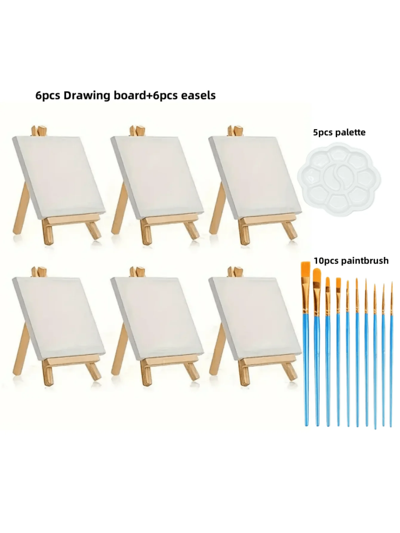 27pcs Painting Supplies Kit: 6 Canvas + 6 Easel + 10 Brushes + 5 Palette. Blank Mini Canvas, Wooden Easel, for DIY & Watercolor. Back to School Supplies.
27pcs Painting Supplies Kit: 6 Canvas + 6 Easel + 10 Brushes + 5 Palette. Blank Mini Canvas, Wooden Easel, for DIY & Watercolor. Back to School Supplies.