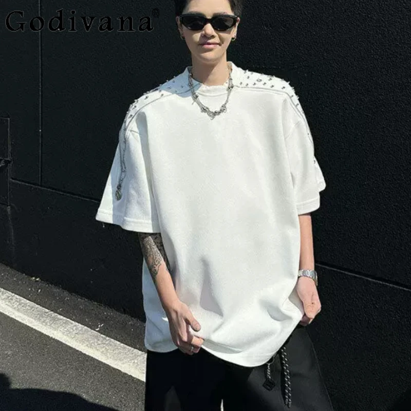 Summer Heavy Industry Chic Bead Zipper Crew Neck Short Sleeve T-Shirt Men's American Fashion Loose White Street Handsome Tops
Summer Heavy Industry Chic Bead Zipper Crew Neck Short Sleeve T-Shirt Men's American Fashion Loose White Street Handsome Tops