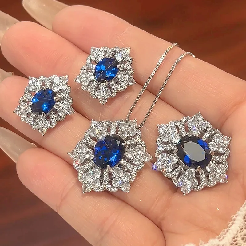 Jewelry Set Earrings Necklace Ring Blue Topaz European and American Style High-end Sense Women's Style
Jewelry Set Earrings Necklace Ring Blue Topaz European and American Style High-end Sense Women's Style