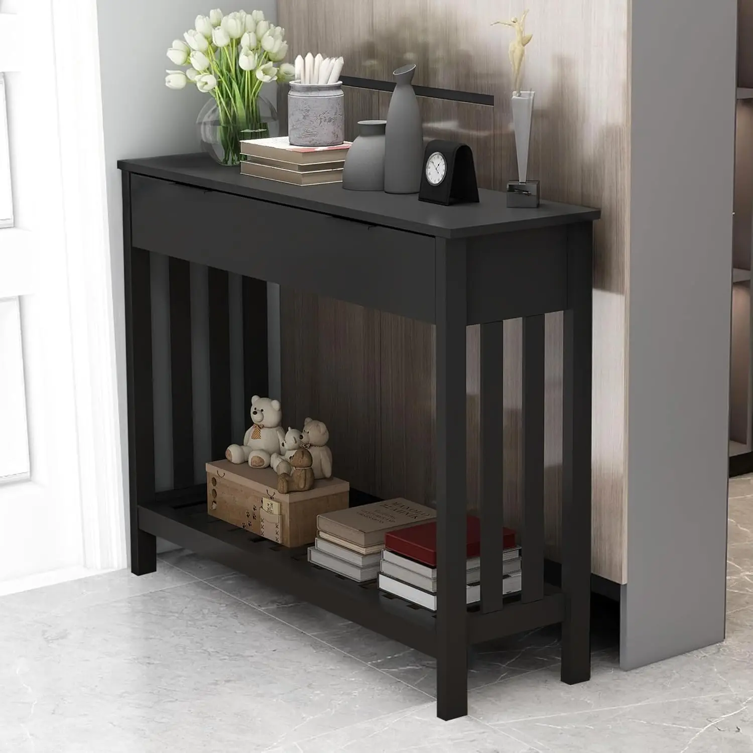 Modern Black Console Table with Drawer, Narrow Storage Table for Hallway, Living Room, or Office
Modern Black Console Table with Drawer, Narrow Storage Table for Hallway, Living Room, or Office