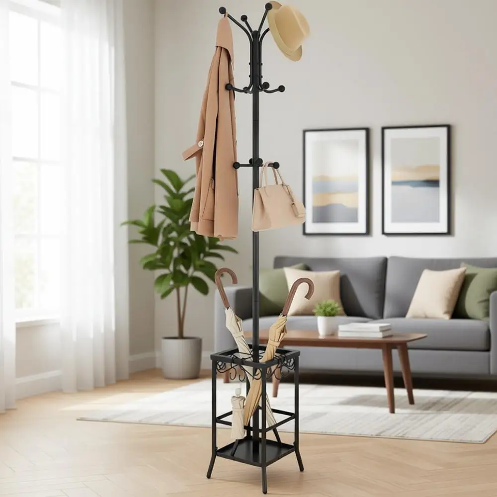 Металлическая вешалка для одежды на 12 крючков с подставкой для зонтов, черная, для прихожей дома или офиса
Металлическая вешалка для одежды на 12 крючков с подставкой для зонтов, черная, для прихожей дома или офиса