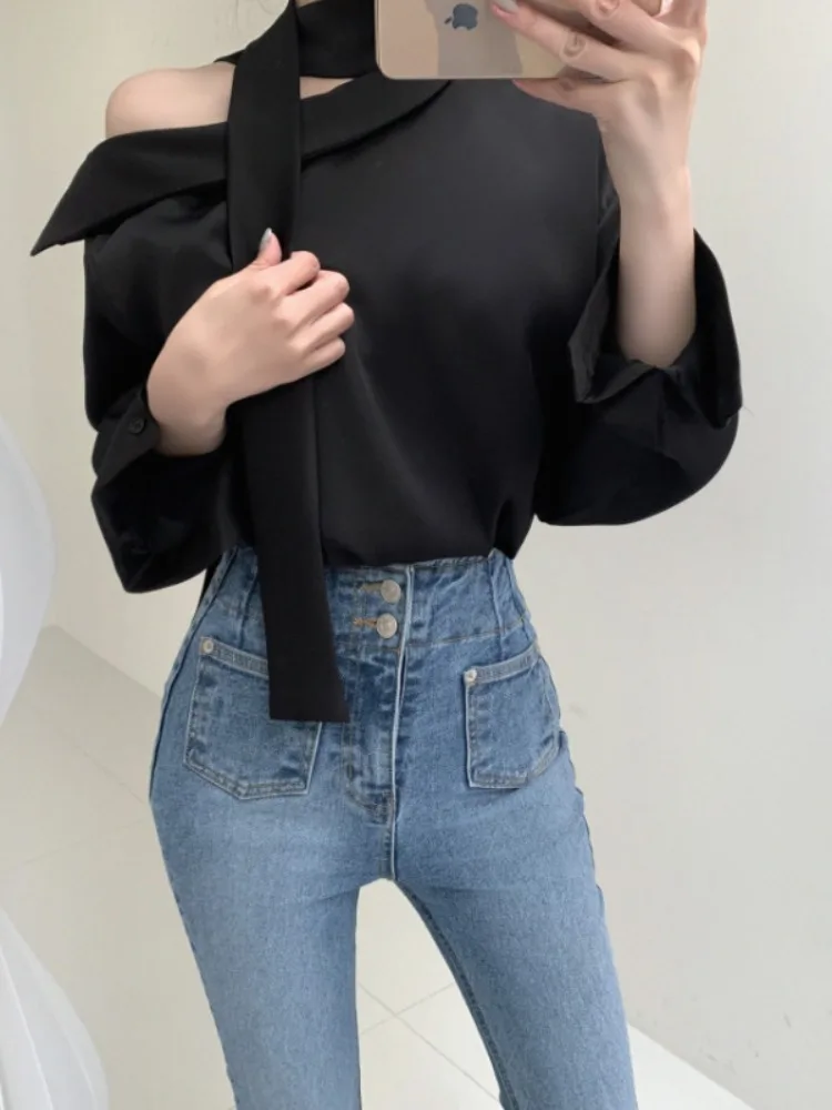 Модная асимметричная черная женская блузка в корейском стиле на одно плечо, универсальная, с длинным рукавом, для весны, осени и зимы
Модная асимметричная черная женская блузка в корейском стиле на одно плечо, универсальная, с длинным рукавом, для весны, осени и зимы