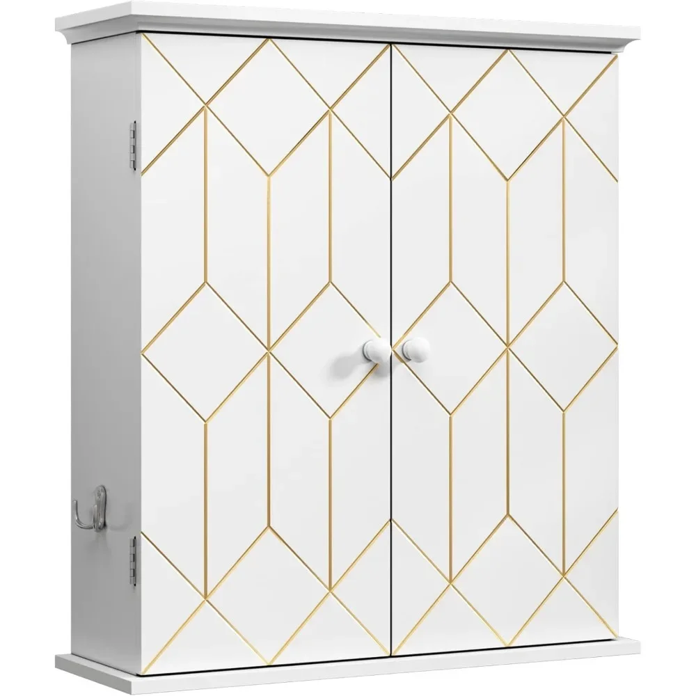 Bathroom Cabinet with Gold Trim, Wall-Mounted Bathroom Storage Cabinet with Adjustable Shelves and Side Hooks
Bathroom Cabinet with Gold Trim, Wall-Mounted Bathroom Storage Cabinet with Adjustable Shelves and Side Hooks