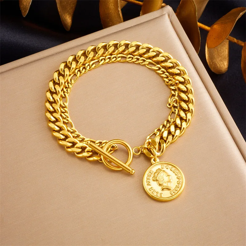 Fashion Retro Gold Stainless Steel Bracelet Round Brand Portrait Pendant OT Buckle Chain Bracelet Men's and Women's Jewelry Gift
Fashion Retro Gold Stainless Steel Bracelet Round Brand Portrait Pendant OT Buckle Chain Bracelet Men's and Women's Jewelry Gift
