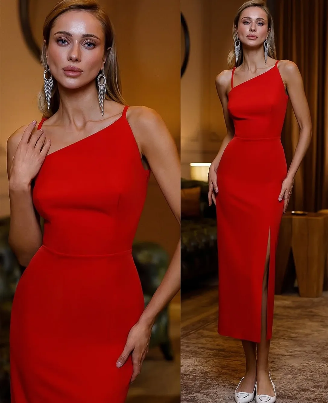 Customized Short Red Evening Dresses with Slit Mermaid Crepe Spaghetti Tea Length Wedding Guest Dress for Women
Customized Short Red Evening Dresses with Slit Mermaid Crepe Spaghetti Tea Length Wedding Guest Dress for Women