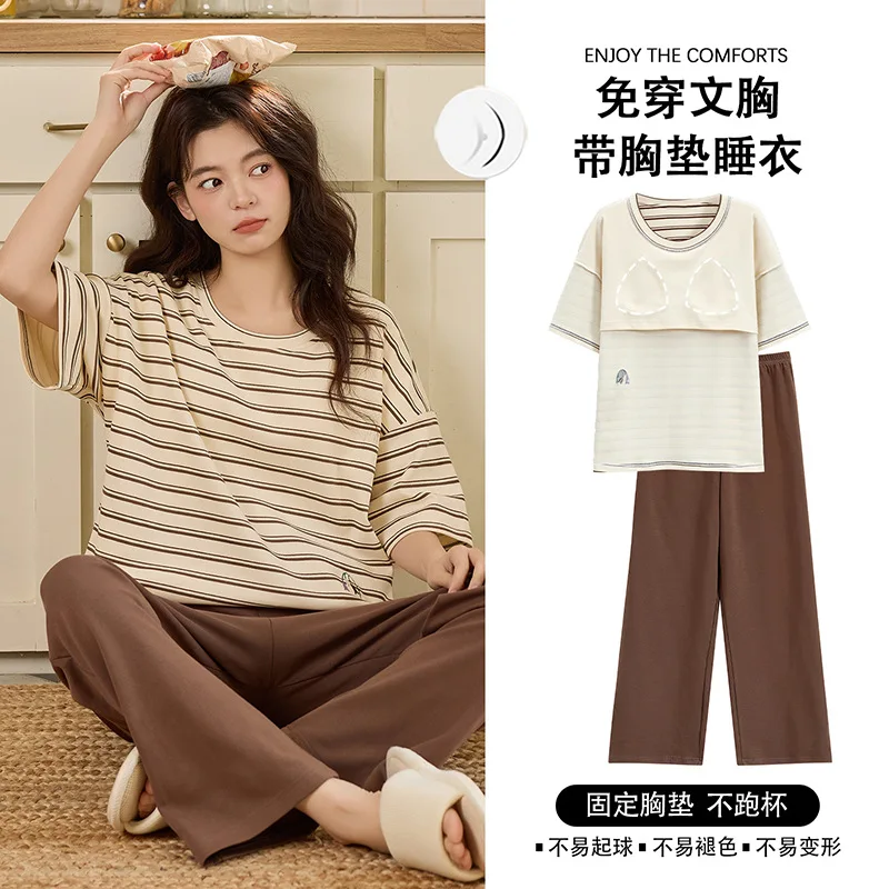 Ladies' 100% Cotton Sleepwear with Bra Pads Short Sleeve Long Pants Pajamas Set Breathable Summer Loungewear For Women Pjs
Ladies' 100% Cotton Sleepwear with Bra Pads Short Sleeve Long Pants Pajamas Set Breathable Summer Loungewear For Women Pjs