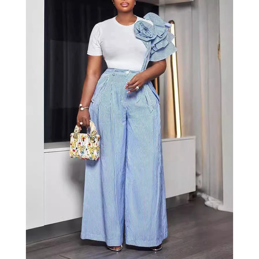 Women Striped Two-Piece Set Ruffles Sleeve Floral Pattern Shirt Top & Wide Leg Pants Casual Outfit for Summer Streetwear
Women Striped Two-Piece Set Ruffles Sleeve Floral Pattern Shirt Top & Wide Leg Pants Casual Outfit for Summer Streetwear