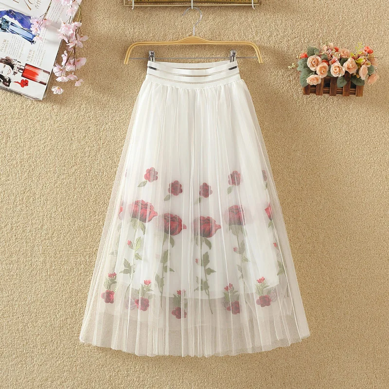 Summer Autumn Rose Floral Embroidery Mesh Skirt Women Elastic High Waist Mid-Long Skirts Ladies A-Line Large Hem Pleated Saia
Summer Autumn Rose Floral Embroidery Mesh Skirt Women Elastic High Waist Mid-Long Skirts Ladies A-Line Large Hem Pleated Saia